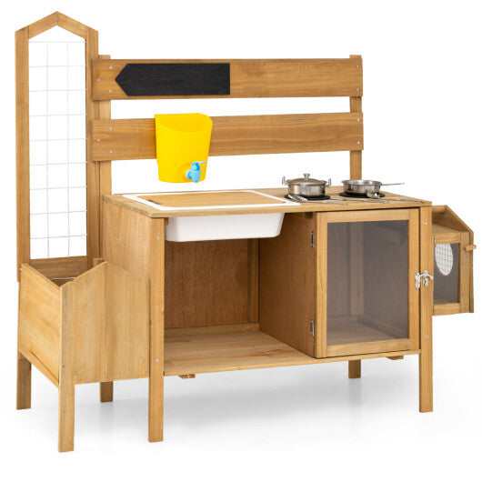 Mud Kitchen for Kids with Detachable Bird Cage and Stoves-Natural W2B