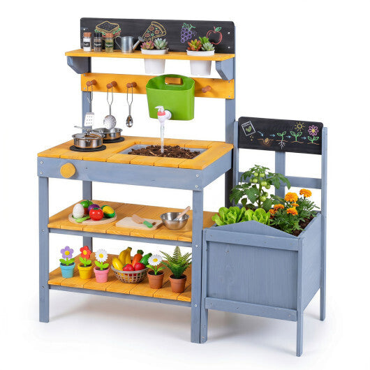 Mud Kitchen Set for Kids with Running Water Reservoir and Plant Pots for 3+-Yellow W2B