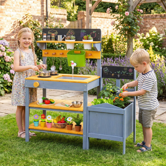 Mud Kitchen Set for Kids with Running Water Reservoir and Plant Pots for 3+-Yellow W2B