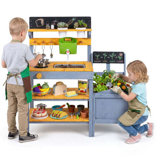 Mud Kitchen Set for Kids with Running Water Reservoir and Plant Pots for 3+-Yellow W2B