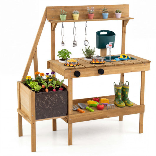 Kids Mud Kitchen Wooden Play Kitchen with Planter Box-Natural W2B
