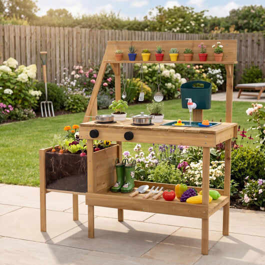 Kids Mud Kitchen Wooden Play Kitchen with Planter Box-Natural W2B