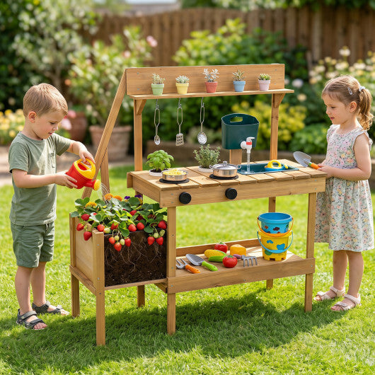 Kids Mud Kitchen Wooden Play Kitchen with Planter Box-Natural W2B