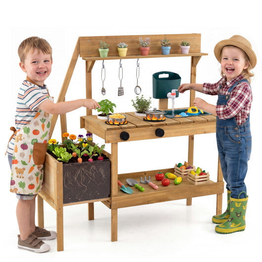 Kids Mud Kitchen Wooden Play Kitchen with Planter Box-Natural W2B