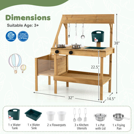 Kids Mud Kitchen Wooden Play Kitchen with Planter Box-Natural W2B