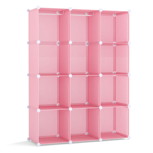 Modular Baby Wardrobe with 10 Cubes & Hanging Rod and Shelves Stackable-Pink W2B
