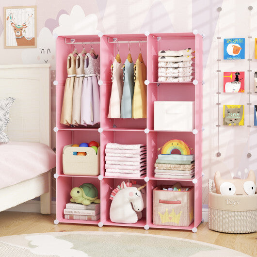 Modular Baby Wardrobe with 10 Cubes & Hanging Rod and Shelves Stackable-Pink W2B