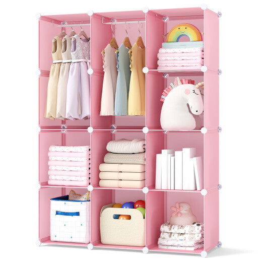 Modular Baby Wardrobe with 10 Cubes & Hanging Rod and Shelves Stackable-Pink W2B