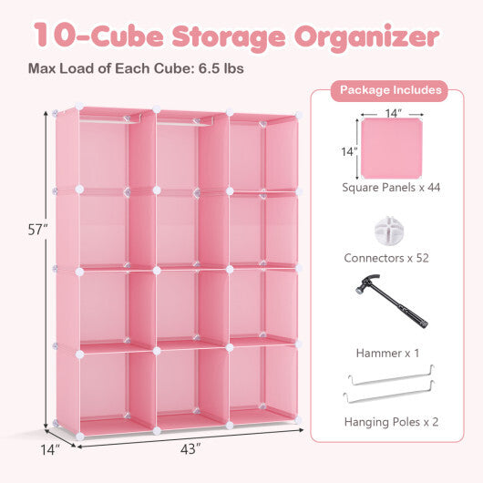 Modular Baby Wardrobe with 10 Cubes & Hanging Rod and Shelves Stackable-Pink W2B