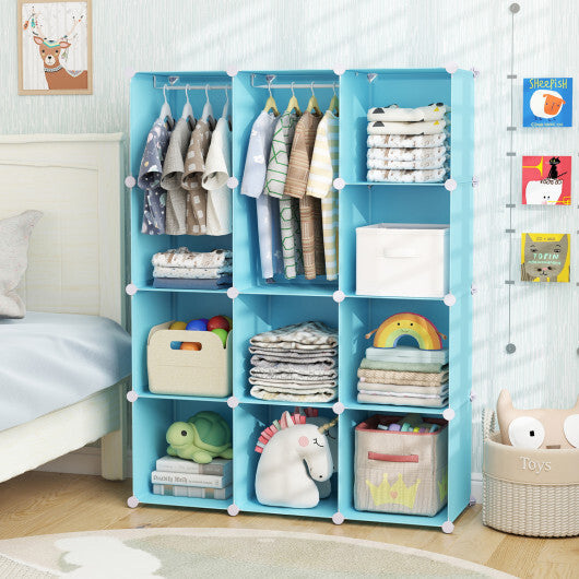 Modular Baby Wardrobe with 10 Cubes & Hanging Rod and Shelves Stackable-Pink W2B