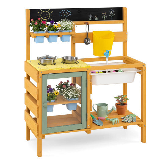 Wooden Mud Kitchen for Toddlers with Faucet and Water Tank-Yellow W2B