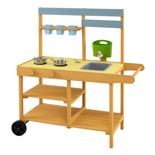 Wooden Outdoor Mud Kitchen for Kids with Flowerpots and Wheels-Yellow W2B