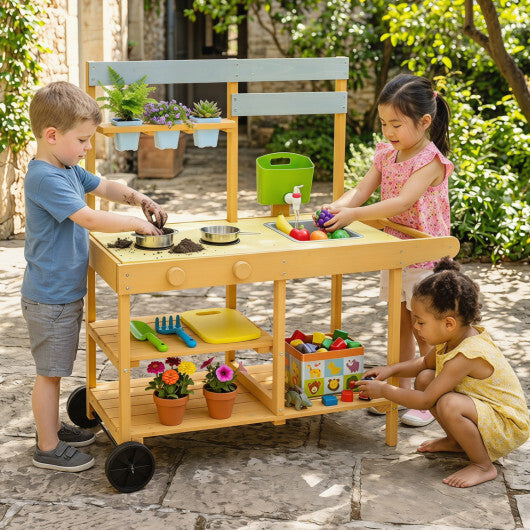 Wooden Outdoor Mud Kitchen for Kids with Flowerpots and Wheels-Yellow W2B