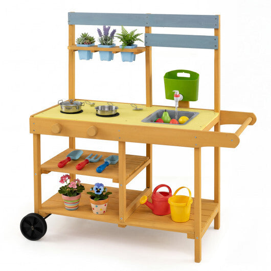 Wooden Outdoor Mud Kitchen for Kids with Flowerpots and Wheels-Yellow W2B