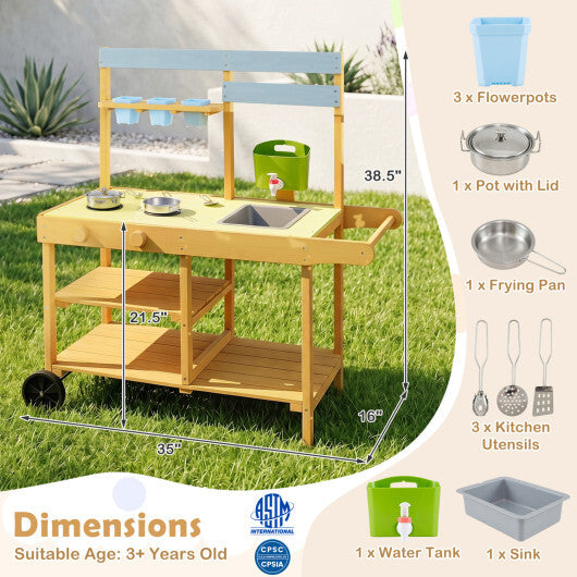 Wooden Outdoor Mud Kitchen for Kids with Flowerpots and Wheels-Yellow W2B