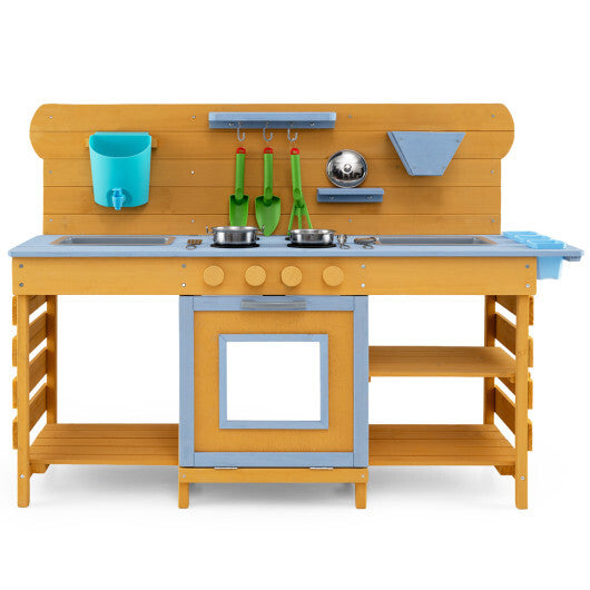 Kids Wooden Mud Kitchen with 2 Sinks and 4 Stoves-Natural W2B