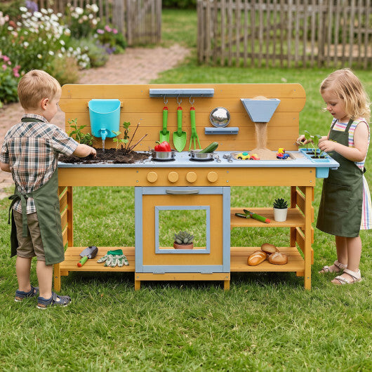Kids Wooden Mud Kitchen with 2 Sinks and 4 Stoves-Natural W2B