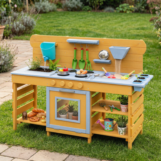 Kids Wooden Mud Kitchen with 2 Sinks and 4 Stoves-Natural W2B