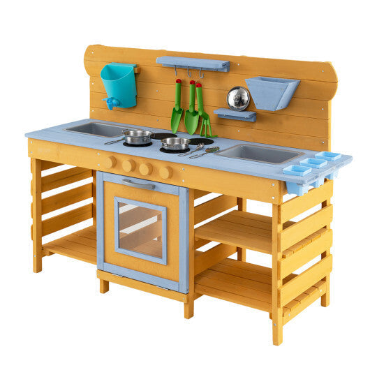 Kids Wooden Mud Kitchen with 2 Sinks and 4 Stoves-Natural W2B