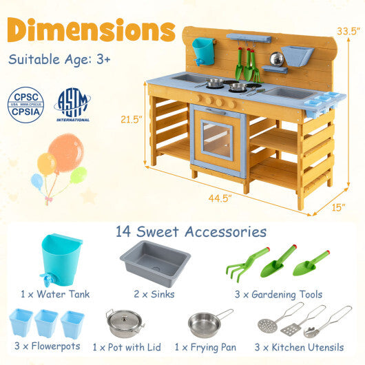 Kids Wooden Mud Kitchen with 2 Sinks and 4 Stoves-Natural W2B