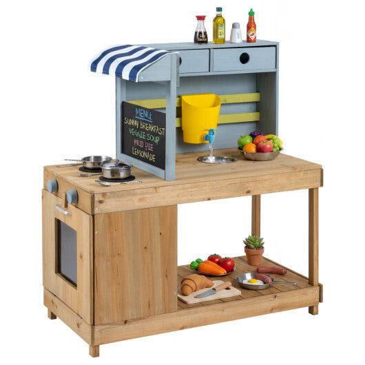 Fir Wood Kids Kitchen Playset with Canopy and Faucet-Natural W2B