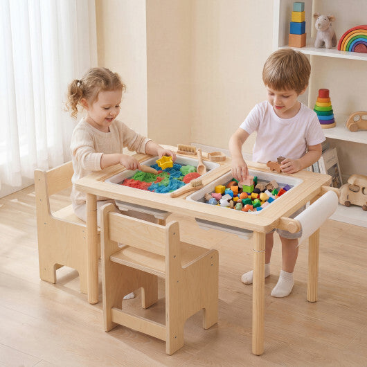 3-Piece Kids Activity Table and Chair Set with Adjustable Height-Natural W2B