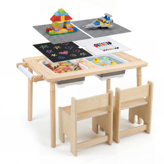 3-Piece Kids Activity Table and Chair Set with Adjustable Height-Natural W2B