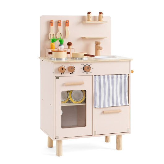 Wooden Play Kitchen for Kids Toddler Kitchen Playset with Stoves Faucet Sink-Beige W2B