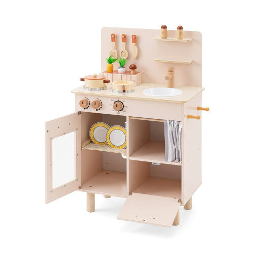 Wooden Play Kitchen for Kids Toddler Kitchen Playset with Stoves Faucet Sink-Beige W2B