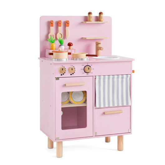 Wooden Play Kitchen for Kids Toddler Kitchen Playset with Stoves Faucet Sink-Beige W2B