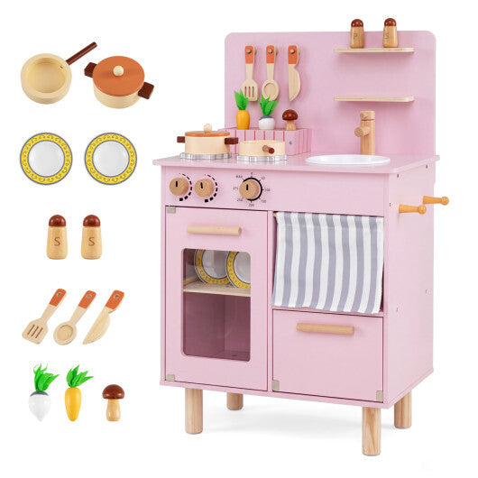 Wooden Play Kitchen for Kids Toddler Kitchen Playset with Stoves Faucet Sink-Beige W2B