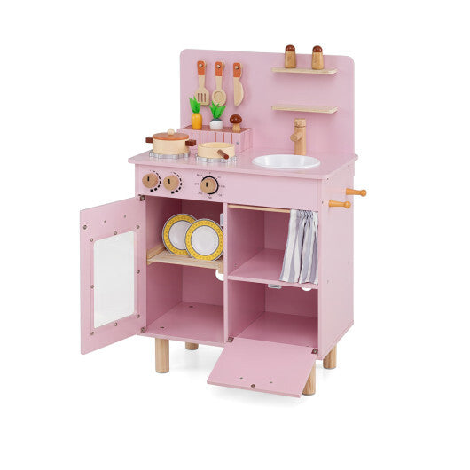 Wooden Play Kitchen for Kids Toddler Kitchen Playset with Stoves Faucet Sink-Beige W2B