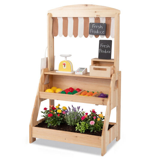 2-in-1 Wooden Mud Kitchen and Market Stand for Kids Outdoor with Planter Box and 2 Chalkboards-Natrual W2B