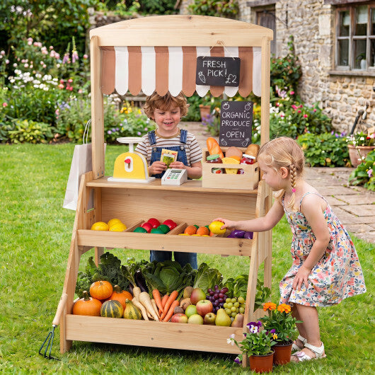 2-in-1 Wooden Mud Kitchen and Market Stand for Kids Outdoor with Planter Box and 2 Chalkboards-Natrual W2B