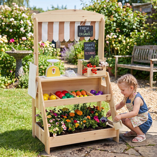 2-in-1 Wooden Mud Kitchen and Market Stand for Kids Outdoor with Planter Box and 2 Chalkboards-Natrual W2B