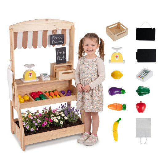 2-in-1 Wooden Mud Kitchen and Market Stand for Kids Outdoor with Planter Box and 2 Chalkboards-Natrual W2B