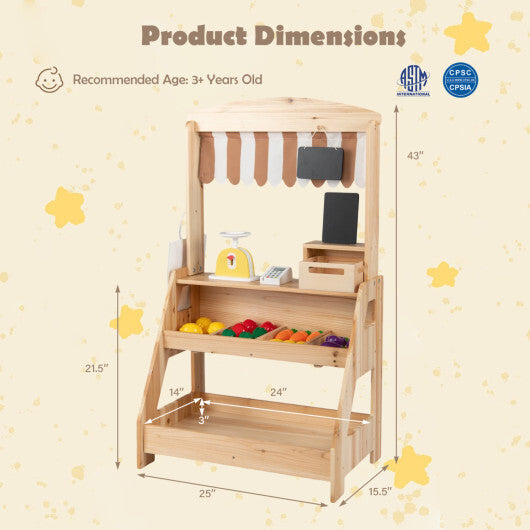 2-in-1 Wooden Mud Kitchen and Market Stand for Kids Outdoor with Planter Box and 2 Chalkboards-Natrual W2B