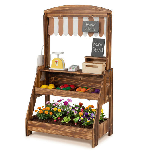 2-in-1 Wooden Mud Kitchen and Market Stand for Kids Outdoor with Planter Box and 2 Chalkboards-Natrual W2B