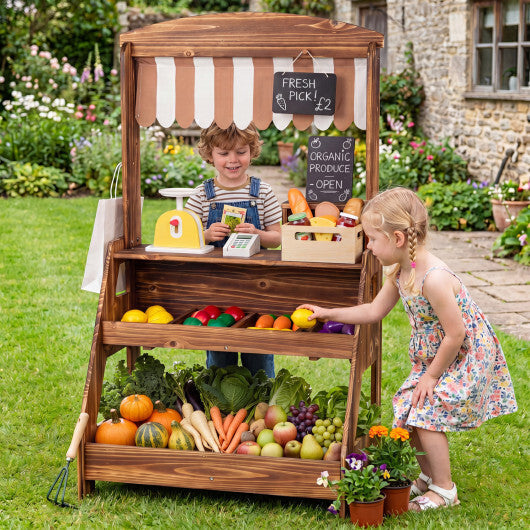 2-in-1 Wooden Mud Kitchen and Market Stand for Kids Outdoor with Planter Box and 2 Chalkboards-Natrual W2B