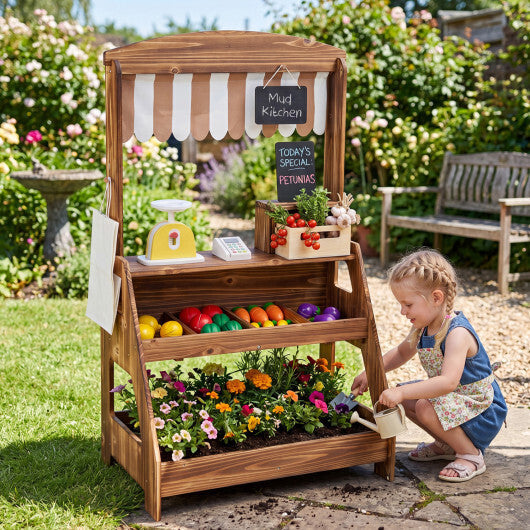 2-in-1 Wooden Mud Kitchen and Market Stand for Kids Outdoor with Planter Box and 2 Chalkboards-Natrual W2B