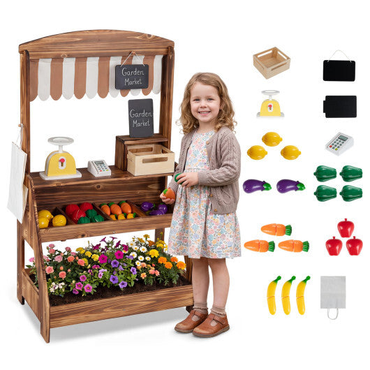 2-in-1 Wooden Mud Kitchen and Market Stand for Kids Outdoor with Planter Box and 2 Chalkboards-Natrual W2B
