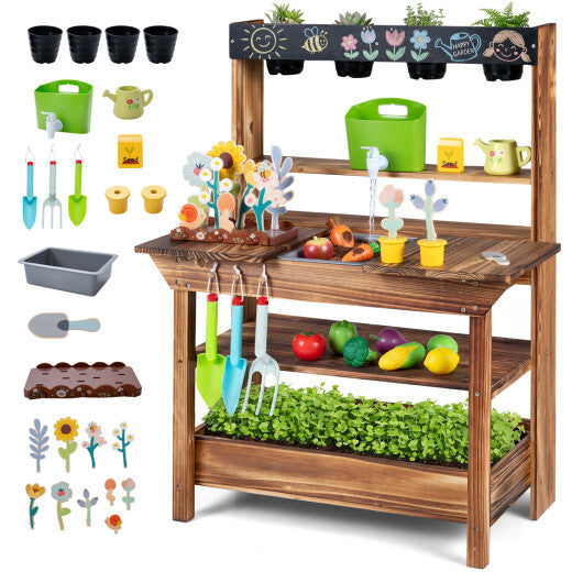 Outdoor Wood Mud Kitchen with Water Faucet and Planter for Kids Age 3+-Brown W2B