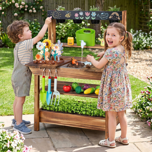 Outdoor Wood Mud Kitchen with Water Faucet and Planter for Kids Age 3+-Brown W2B