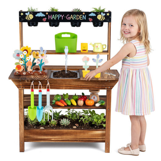 Outdoor Wood Mud Kitchen with Water Faucet and Planter for Kids Age 3+-Brown W2B