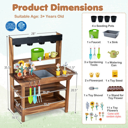 Outdoor Wood Mud Kitchen with Water Faucet and Planter for Kids Age 3+-Brown W2B