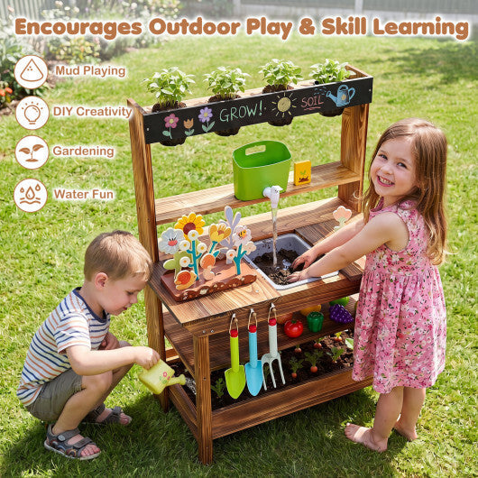 Outdoor Wood Mud Kitchen with Water Faucet and Planter for Kids Age 3+-Brown W2B