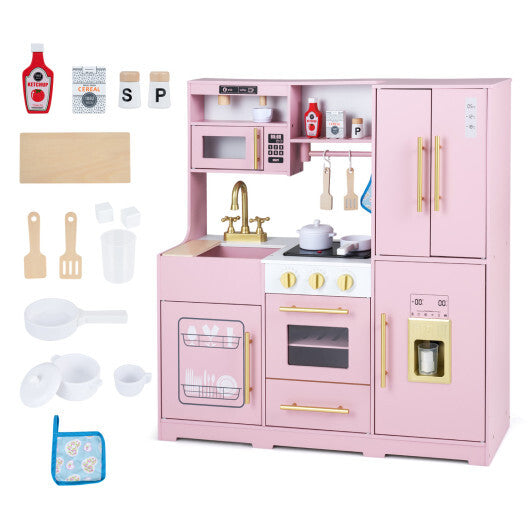 Wooden Play Kitchen with Lights & Sounds and Sink Stove Oven for Kids Ages 3+-Pink