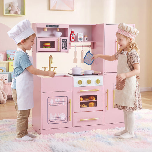 Wooden Play Kitchen with Lights & Sounds and Sink Stove Oven for Kids Ages 3+-Pink