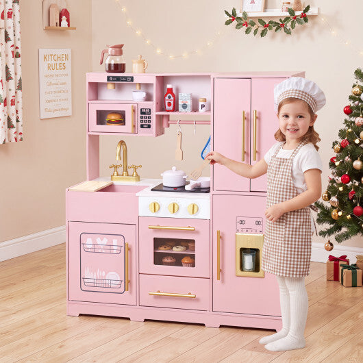 Wooden Play Kitchen with Lights & Sounds and Sink Stove Oven for Kids Ages 3+-Pink W2B