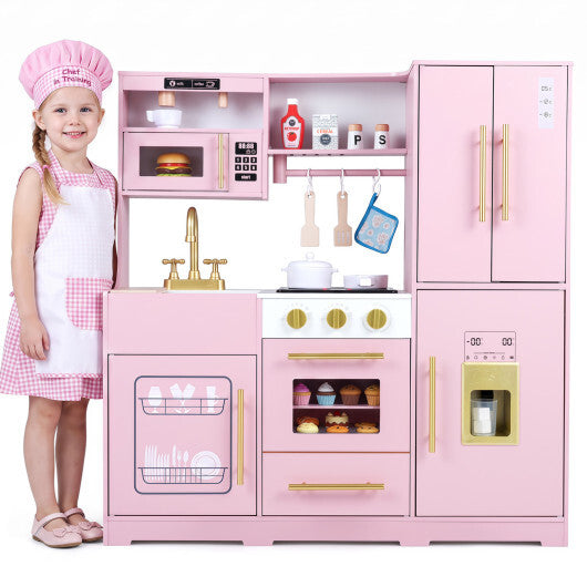 Wooden Play Kitchen with Lights & Sounds and Sink Stove Oven for Kids Ages 3+-Pink W2B